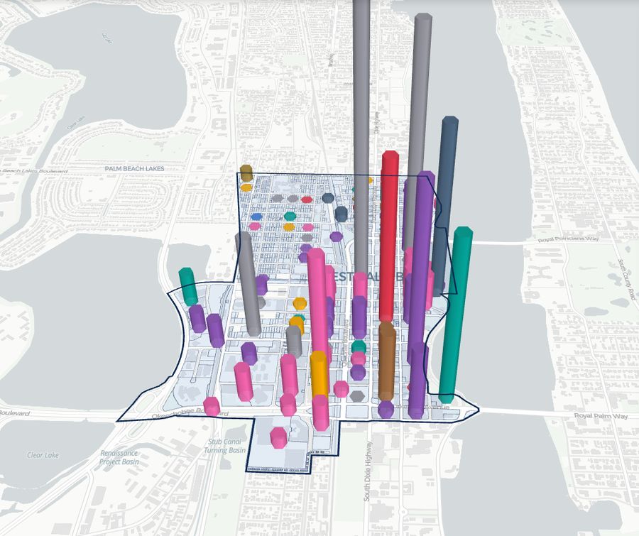 West Palm Beach CRA with workplace jobs shown as 3D columns by census block
