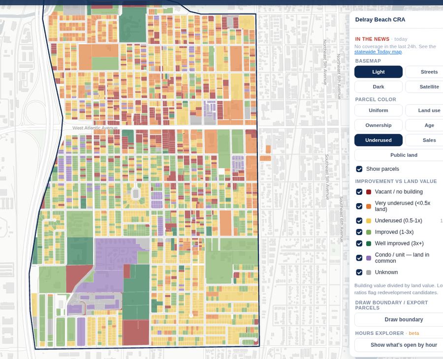 Delray Beach CRA with every parcel colored by building value compared to land value