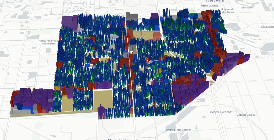 Miami Gardens in 3D after Amendment 3, with green homestead value shrinking and blue non-homestead towers taller